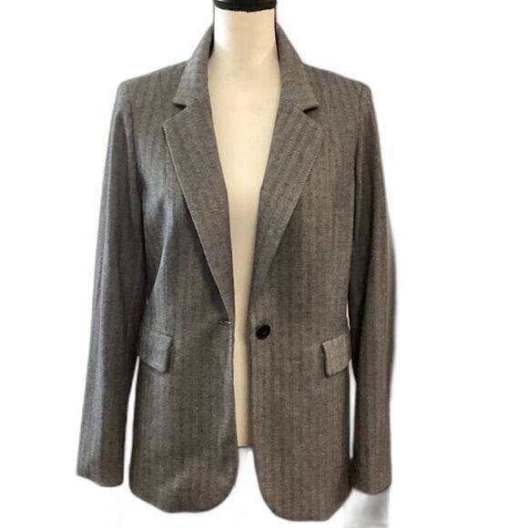 Rachel Zoe Herringbone Longline Academia Blazer Jacket w Pockets in B/W/G Large - Picture 2 of 8